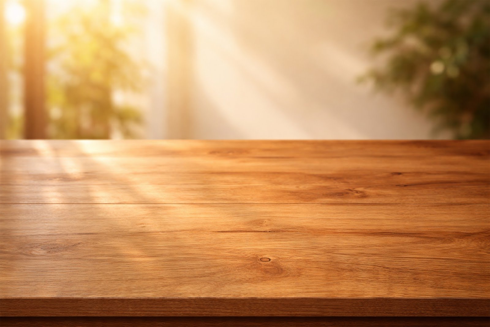 Warm Wooden Table Mockup with Morning Sunlight – Free Download for Realistic Display