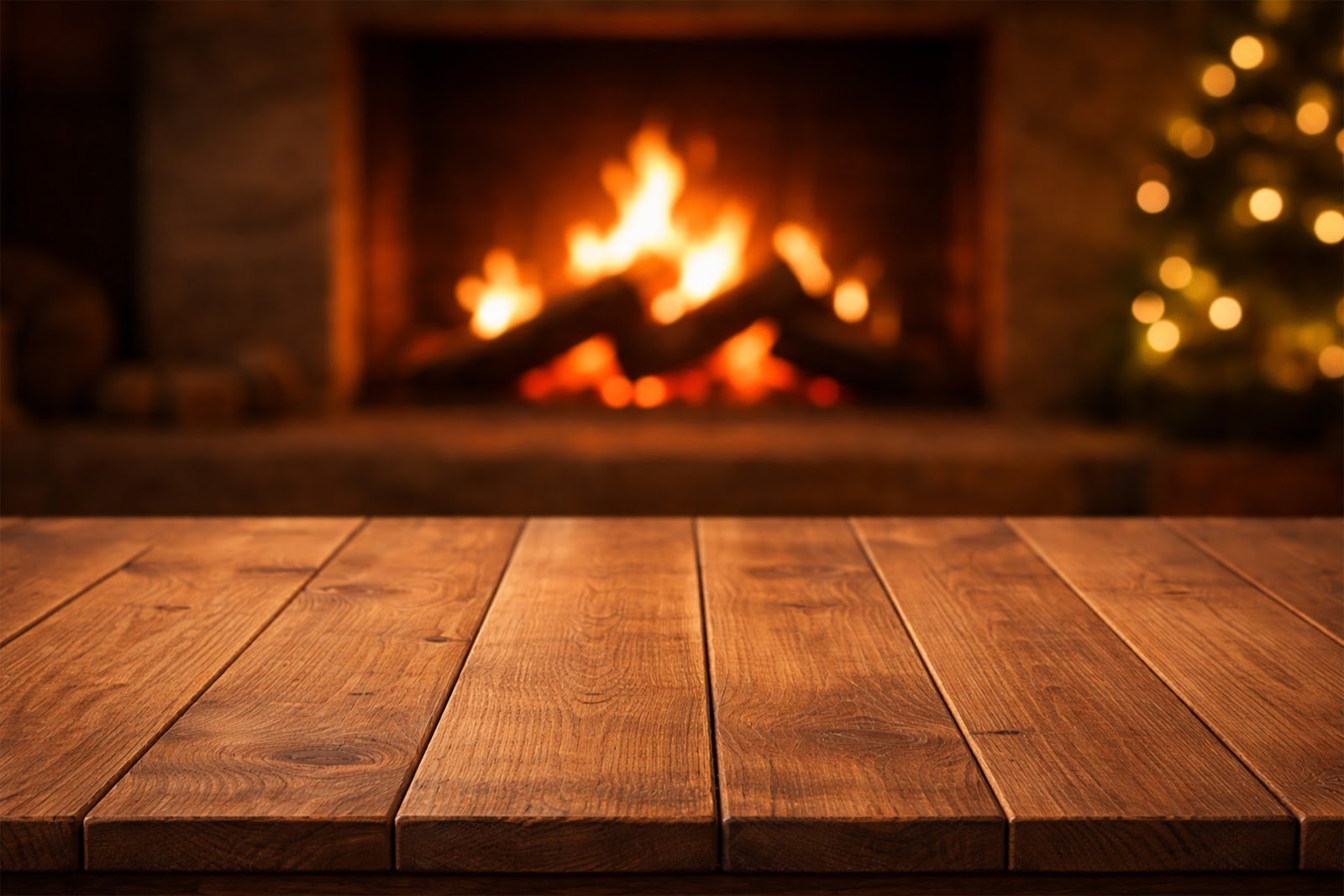 Wooden Table Mockup Background with Cozy Fireplace Glow – Free Download