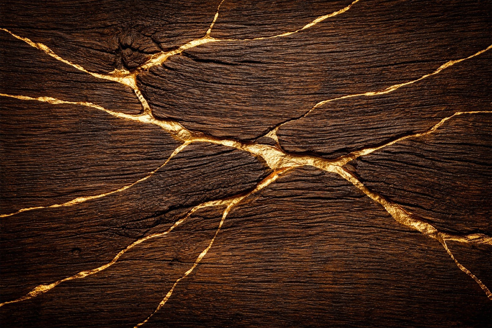 Wood Cracked with Gold Texture Background – Luxury Golden Veins Wooden Surface HD
