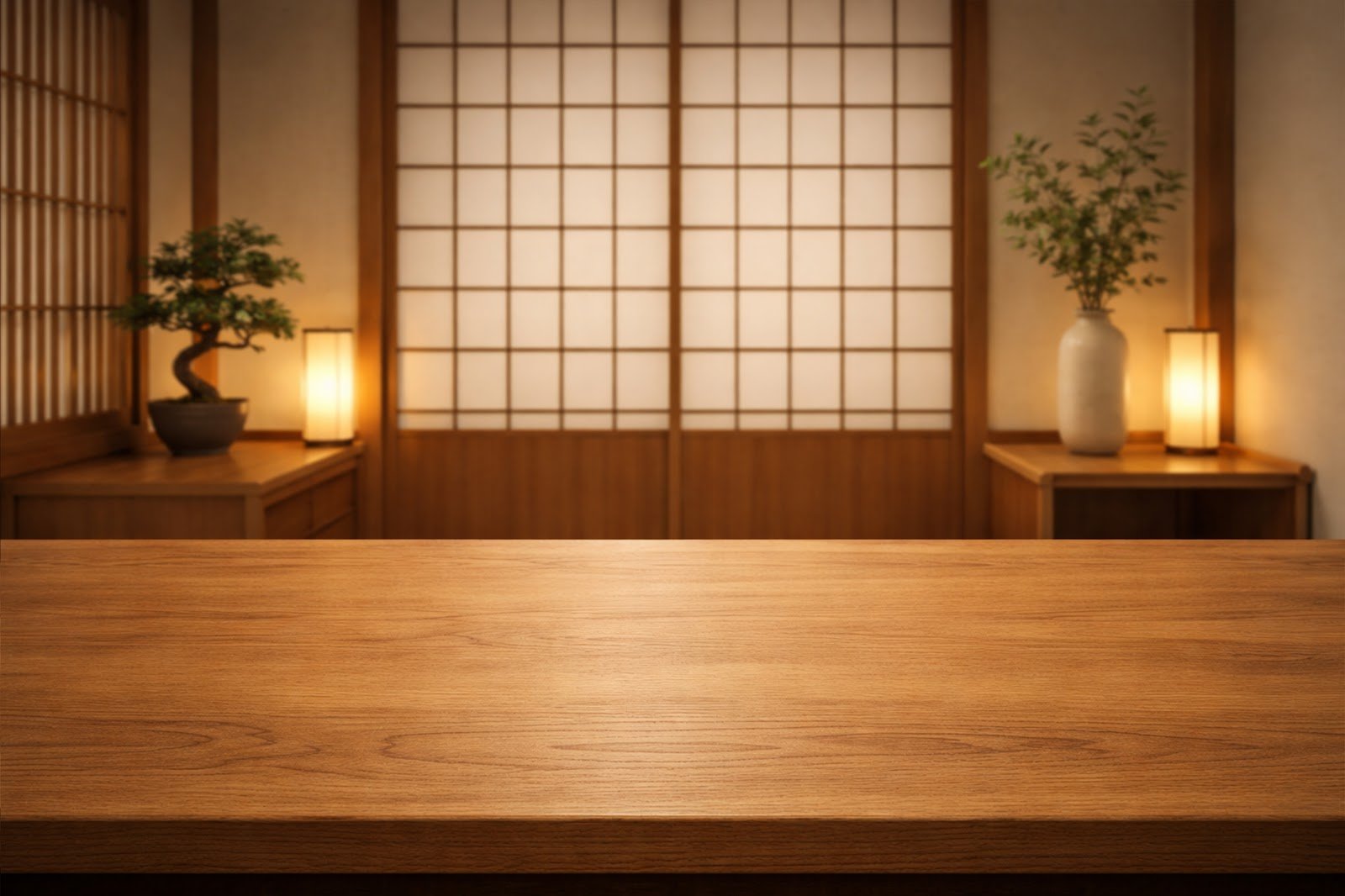 Wooden Table Mockup in Japanese-Inspired Minimalist Room – Zen Product Display Background (High Resolution Download)