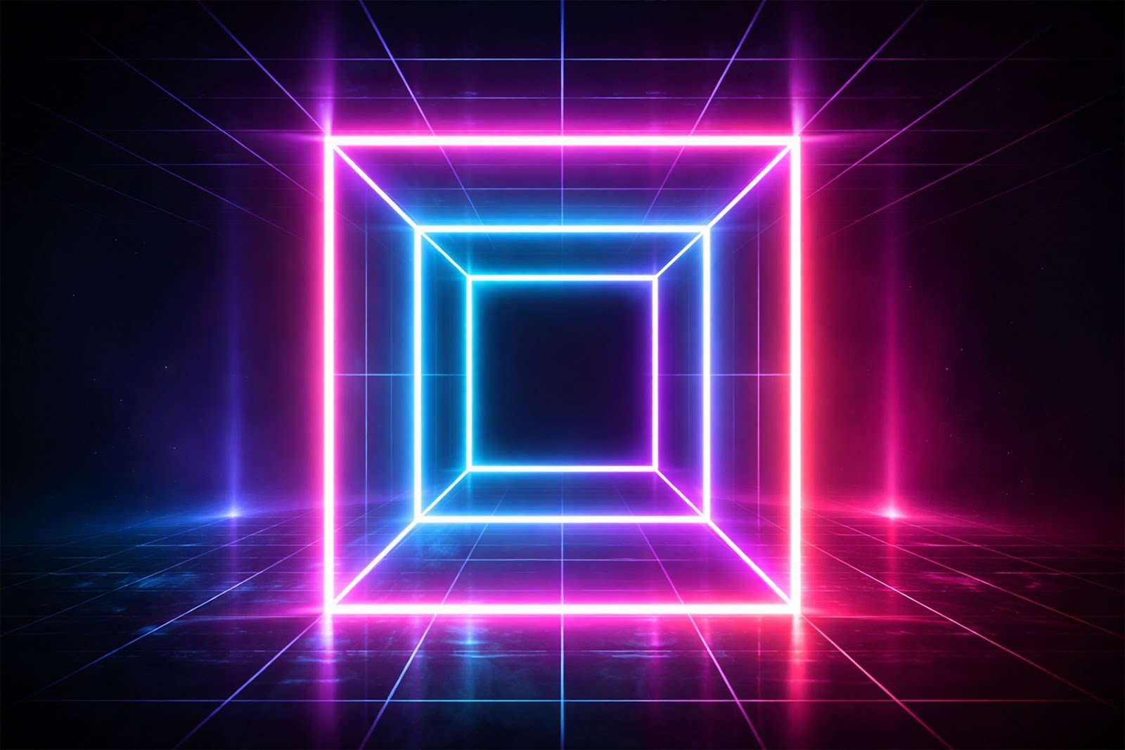 Download 3D Neon Glowing Cube Frame Background – Futuristic Light Effect PNG/JPG