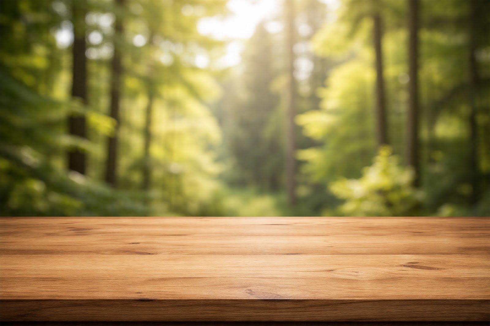 Wooden Table Mockup with Blurred Forest View Window – Natural Product Display Background Free Download