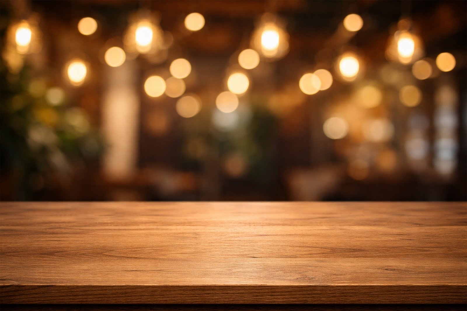 Wooden Table Mockup with Warm Pendant Lights Bokeh – Cozy Product Display Background Free Download