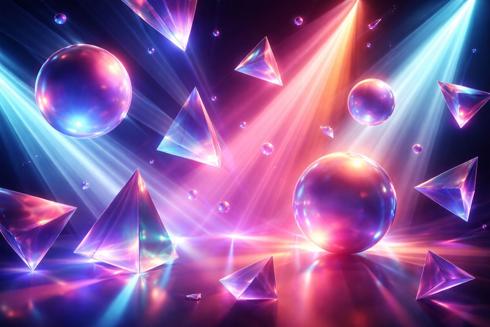 Download 3D Light Beams Through Floating Shapes Background – Futuristic Glow Effect