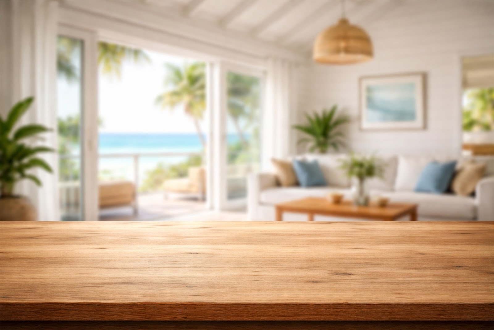 Wooden Table Mockup with Blurred Beach House Interior – Coastal Product Display Background Free Download