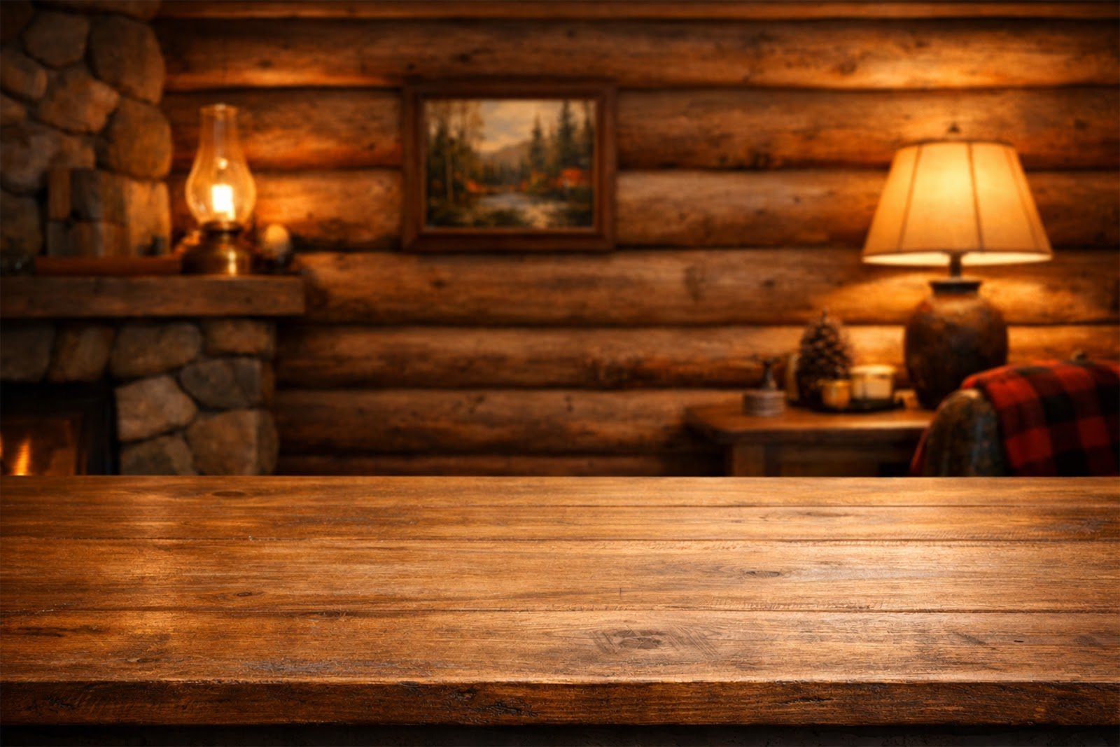 Wooden Table Mockup with Cozy Cabin Wall and Warm Lamps – Rustic Product Display Background Free Download