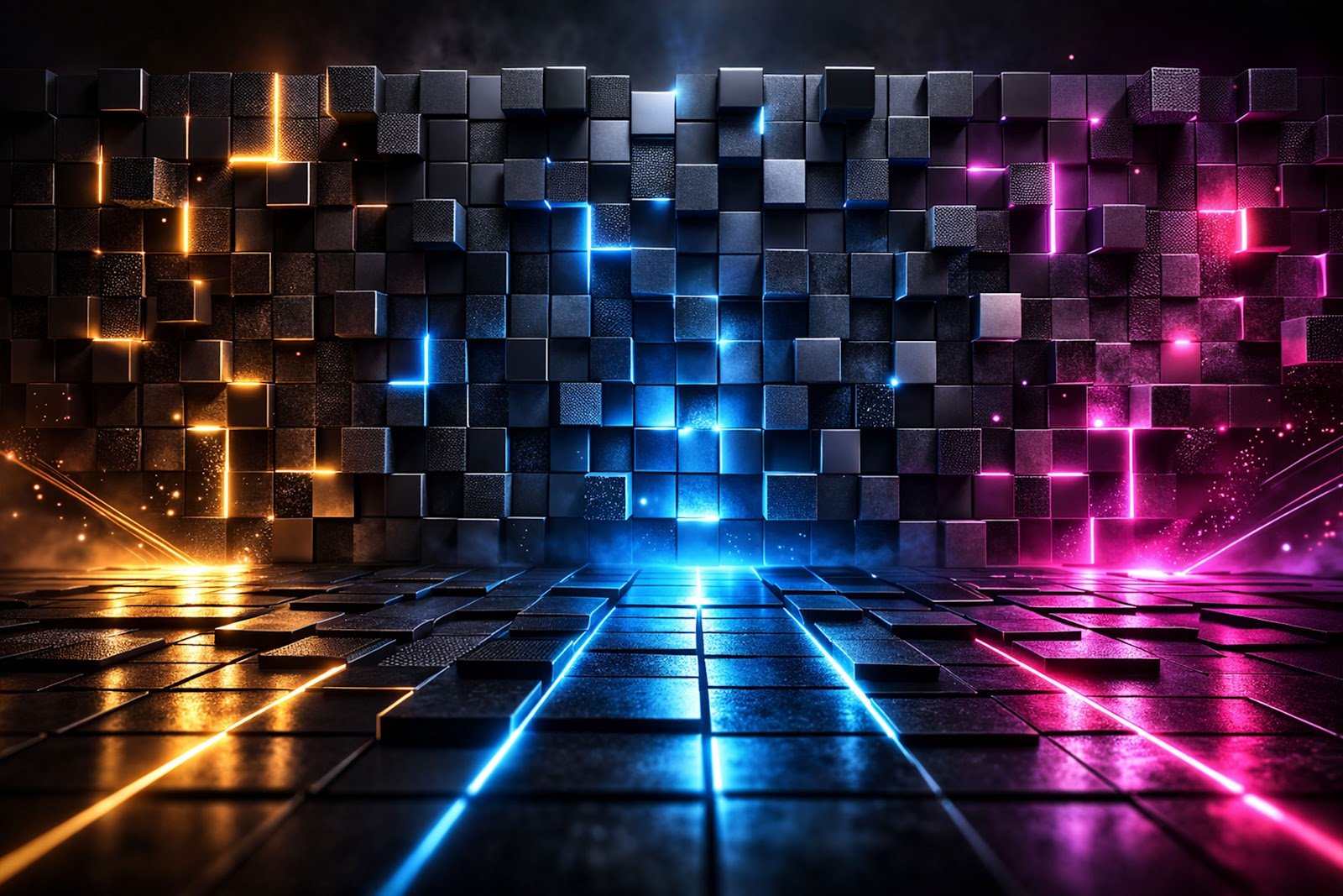 Download 3D LED Pixel Cube Wall Background – Futuristic Digital Grid Design