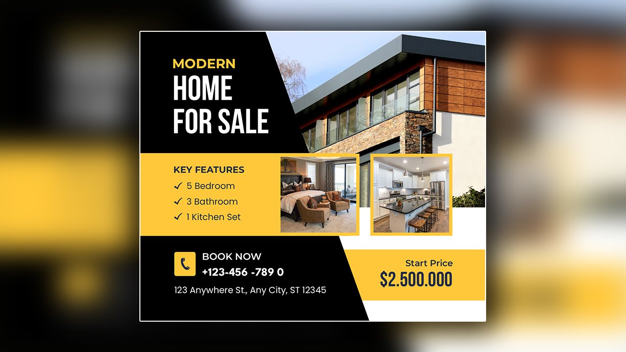 Blue & Yellow Modern Home For Sale Facebook Post