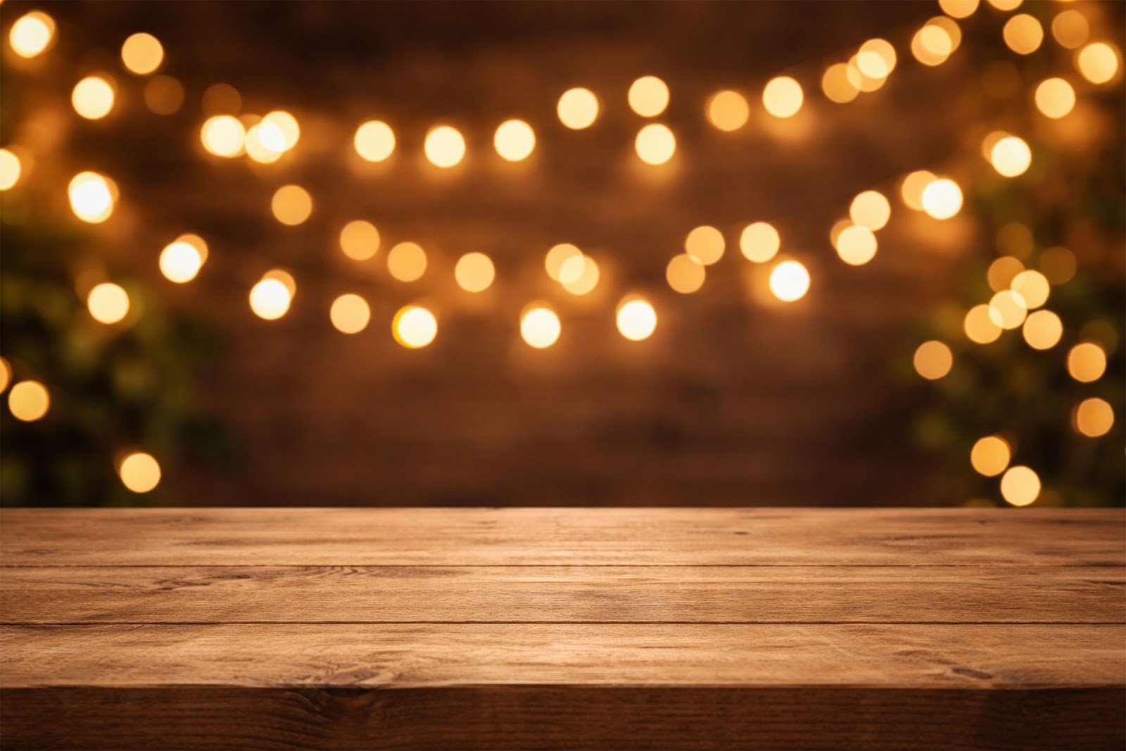 Wooden Table Mockup with Blurred Fairy Lights Background – Free Download HD