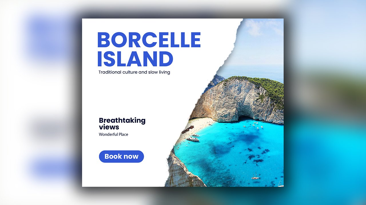 White and Blue Modern Travel Destination with Button Facebook Post