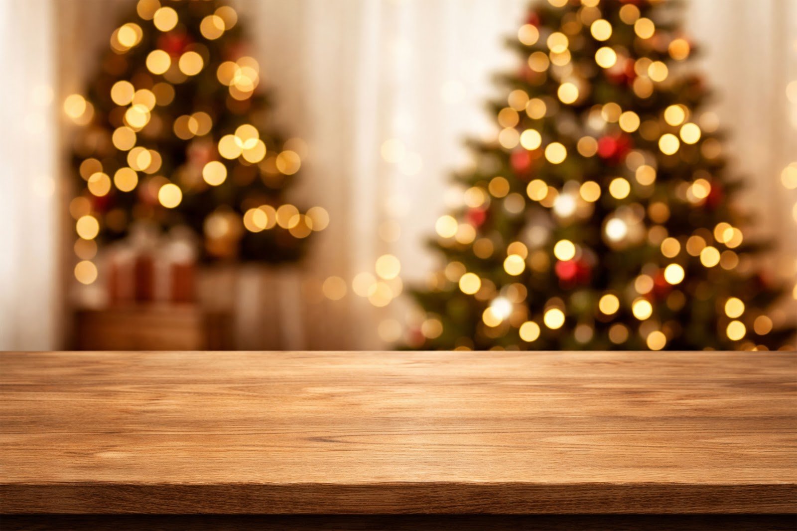 Wooden Table Mockup with Christmas Tree Bokeh Background – Free Download HD