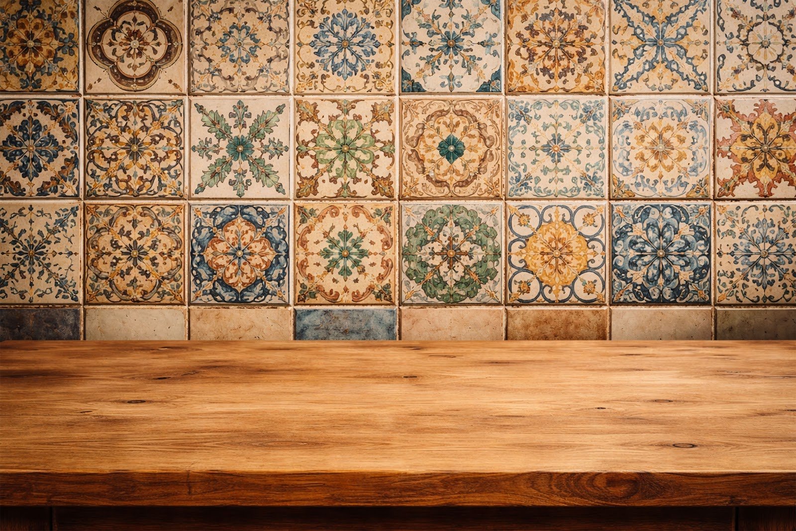 Wooden Table Mockup with Vintage Kitchen Tile Background – Free Download HD