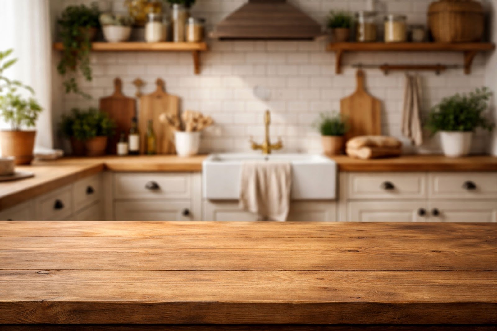 Wooden Table Mockup in Farmhouse Kitchen Setting – Free Download HD