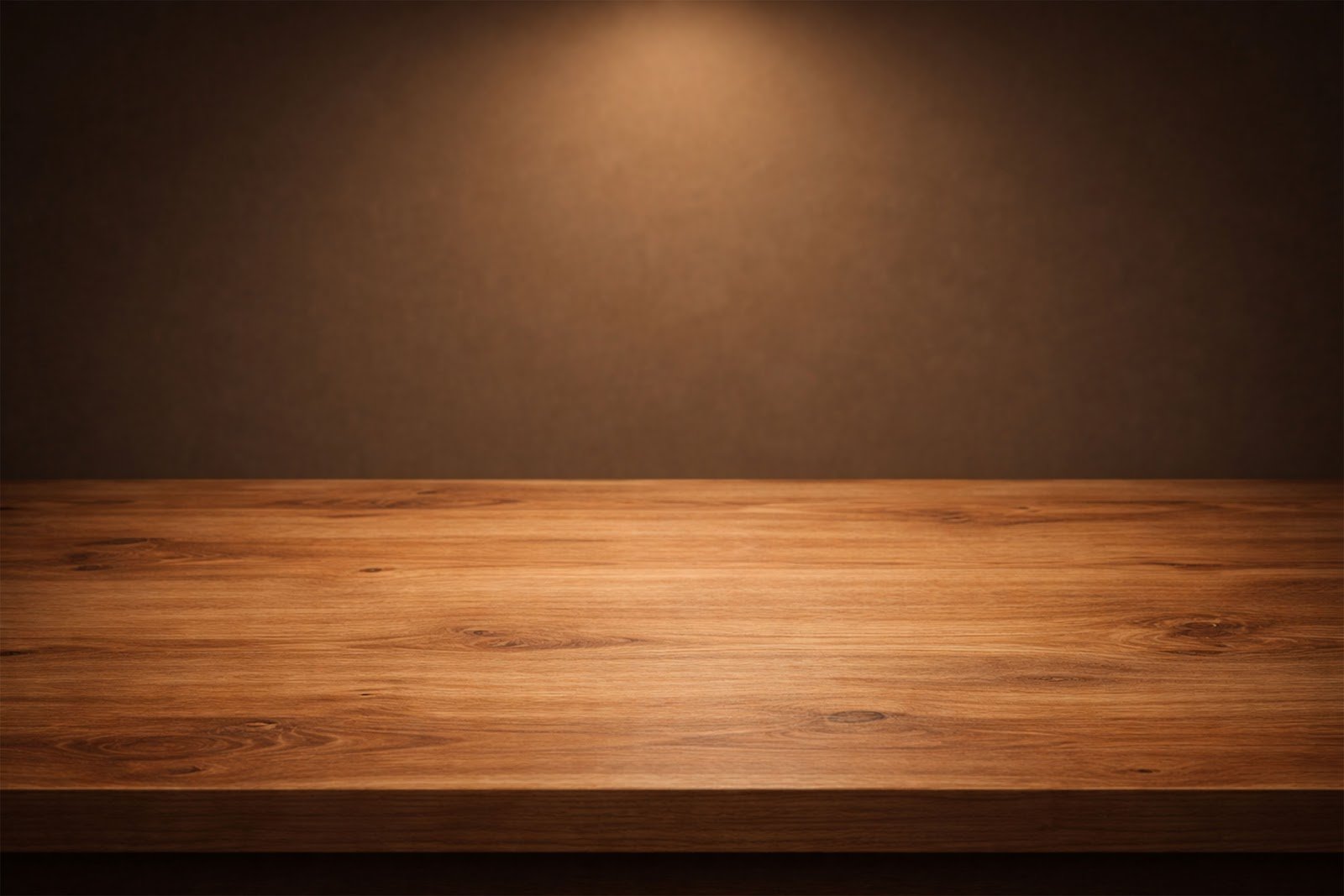 Wooden Table Mockup with Soft Overhead Spotlight – Clean Product Display Background Free Download