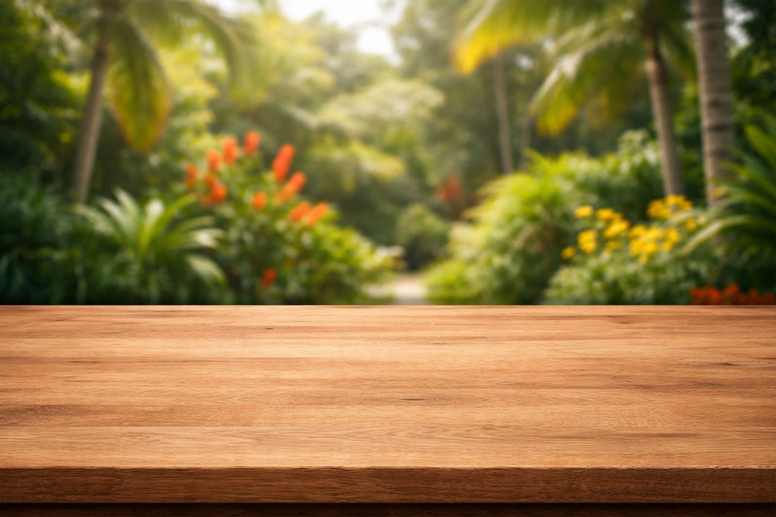 Wooden Table Mockup with Blurred Tropical Garden Background – Natural Product Display Free Download