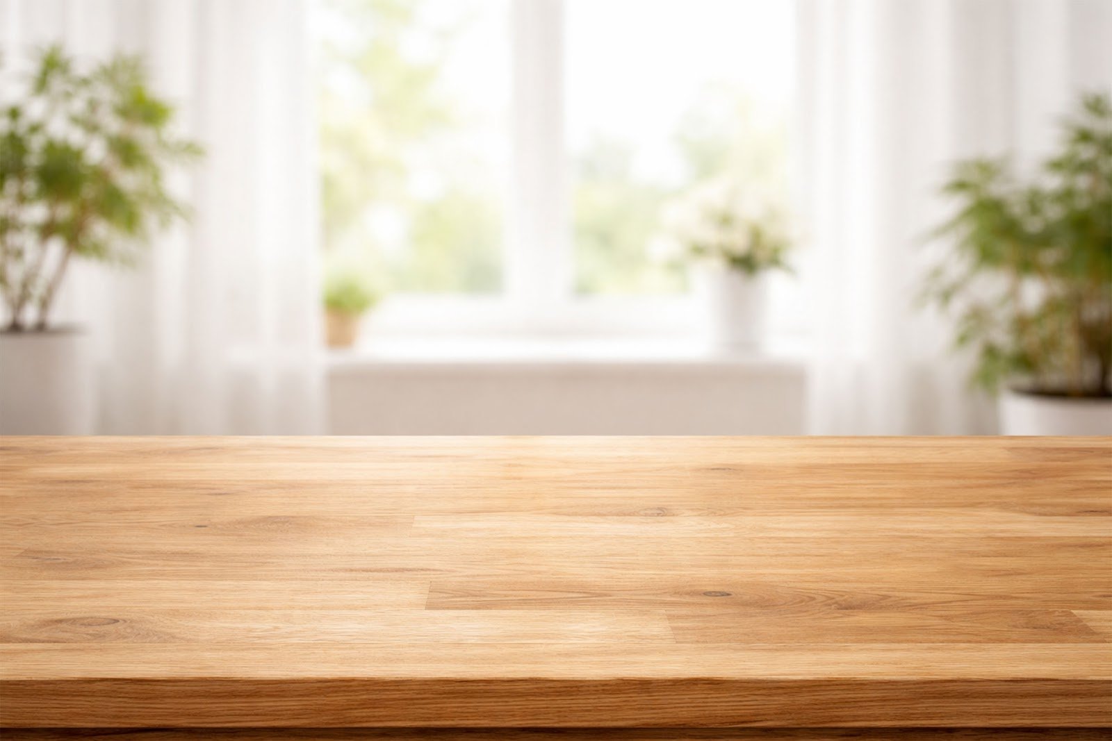 Wooden Table Mockup in Bright Airy Room with Natural Light – Clean Product Display Free Download