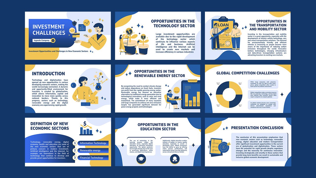 Blue and Yellow Playful Illustration Economic Investment Challenges Presentation