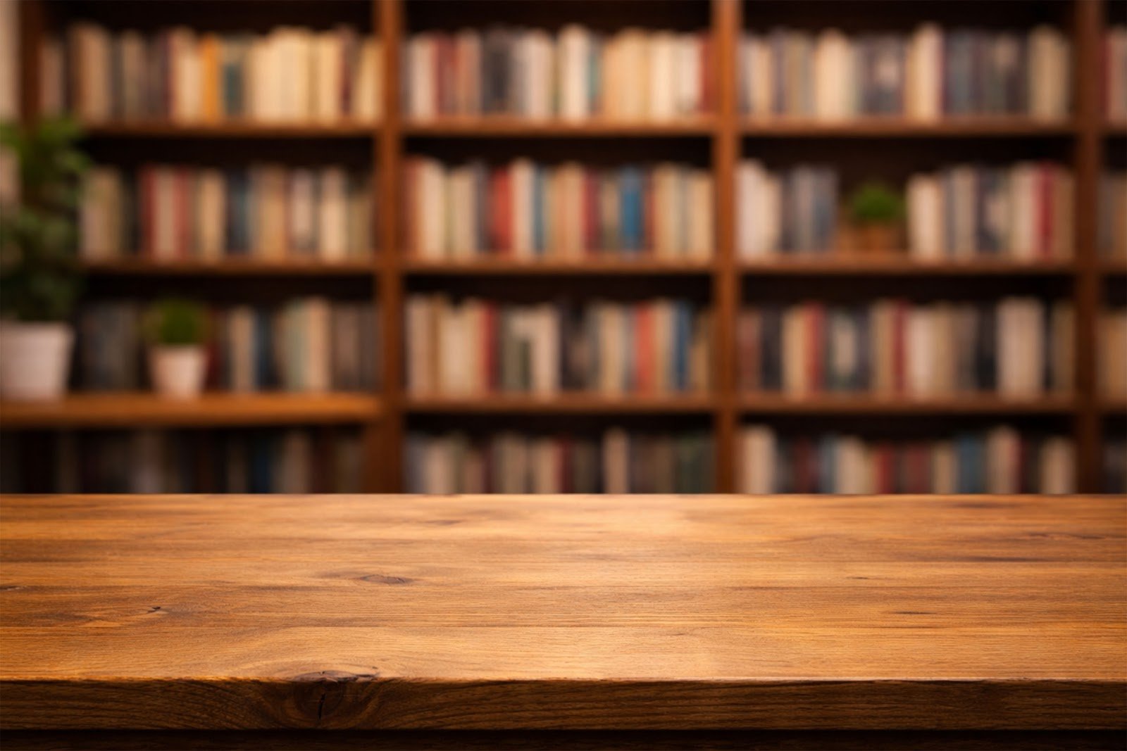 Wooden Table Mockup with Blurred Library Bookshelf Background – Free Download