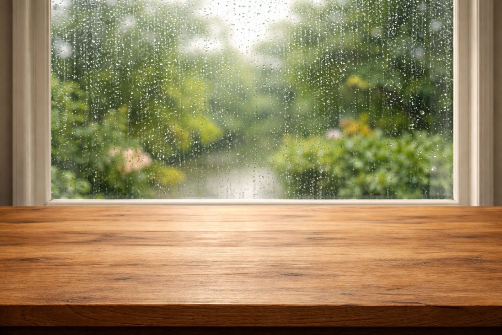 Wooden Table Mockup with Rainy Window Background and Water Droplets – Free Download