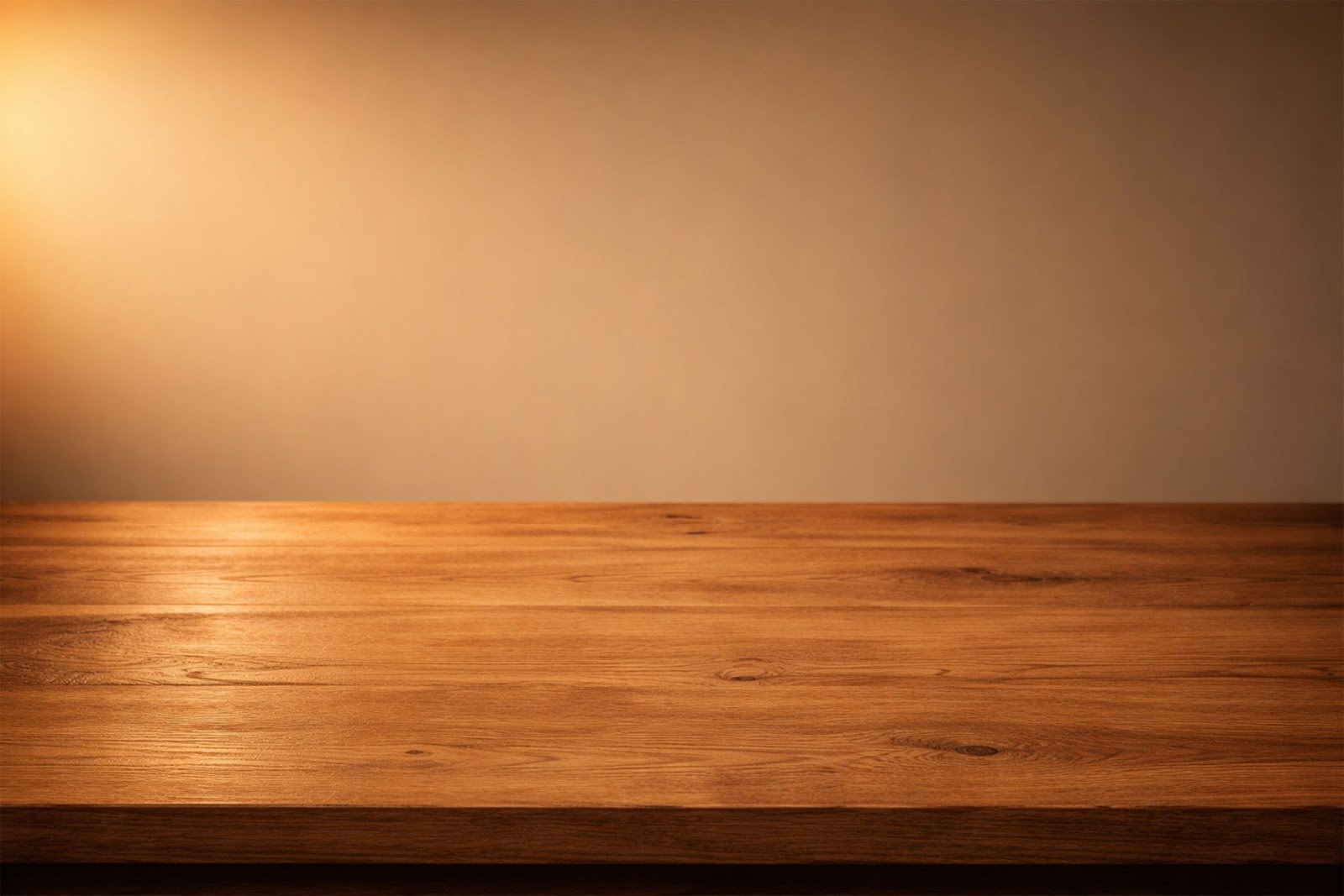 Wooden Table Mockup with Warm Lamp Light Glowing from Left – Free Download