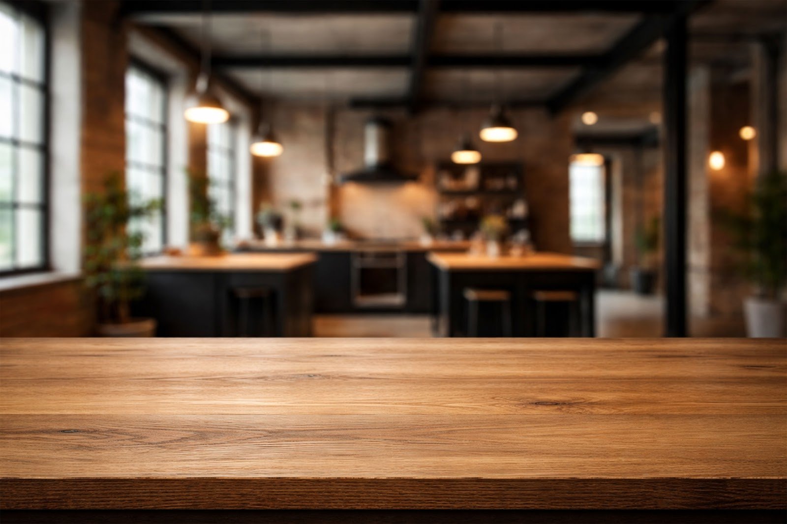 Wooden Table Mockup with Blurred Industrial Loft Background – Free Download