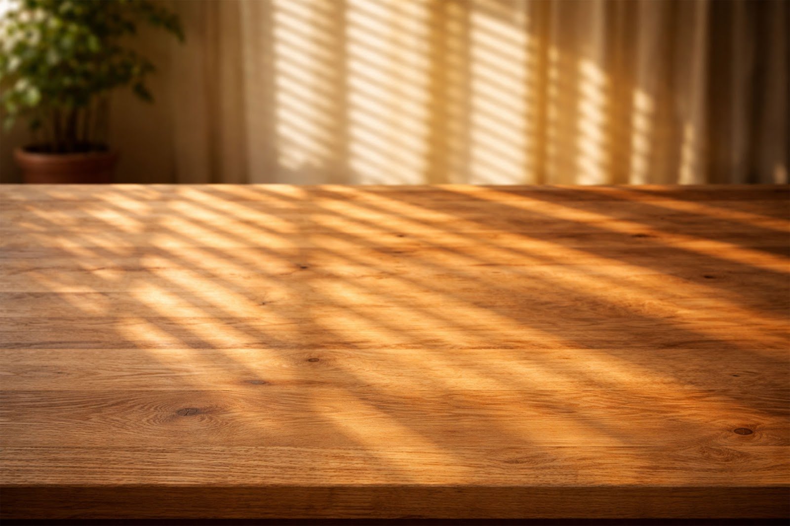 Wooden Table Mockup with Sunlight Pattern Through Blinds – Free Download