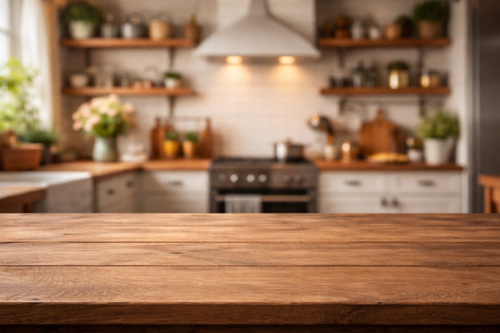 Wooden Table Mockup in Cozy Rustic Kitchen Background (Blurred) – Free Download