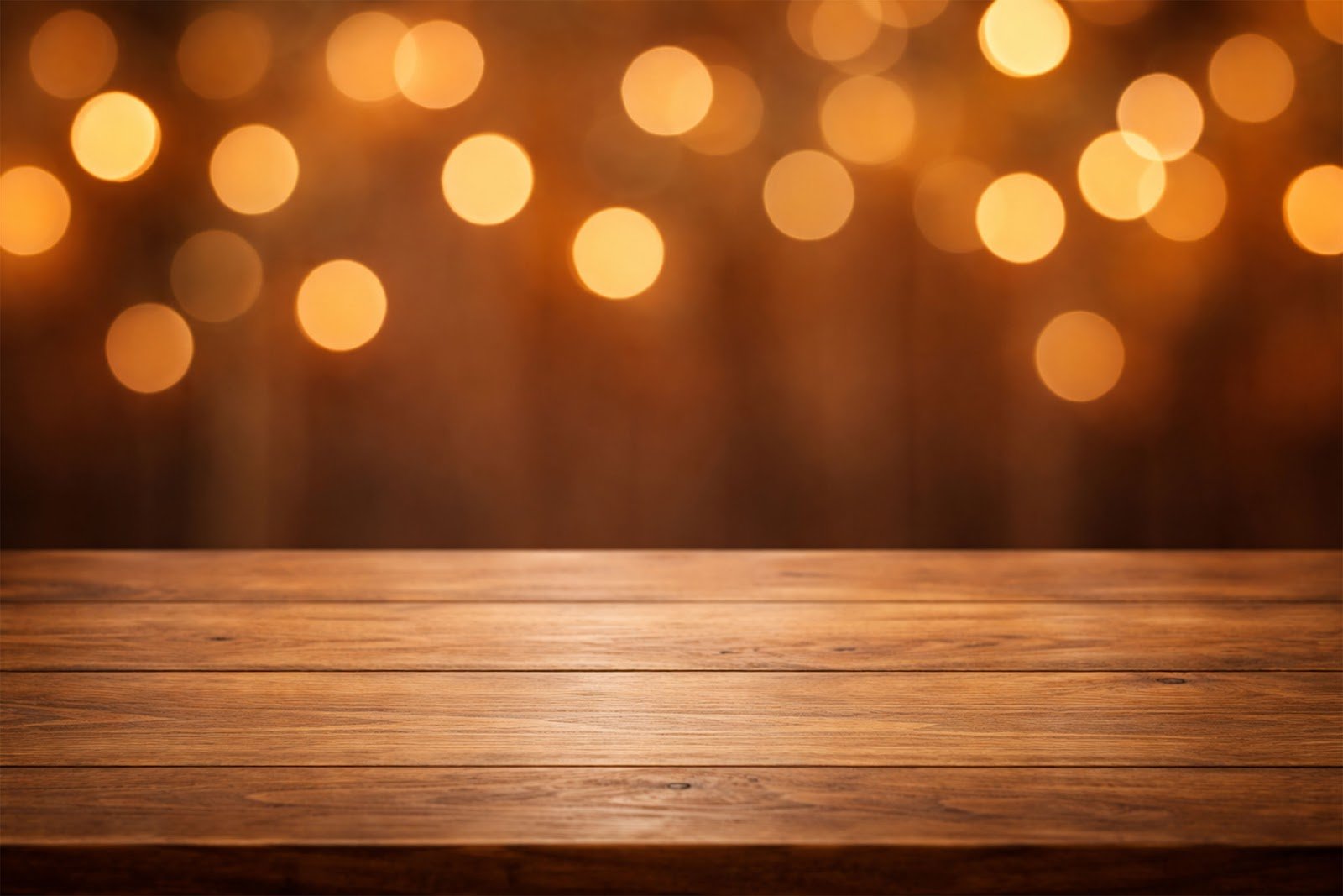 Wooden Table Mockup with Warm Bokeh Background – Free Download