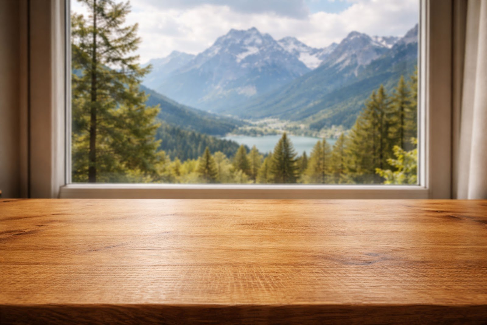 Wooden Table Mockup with Blurred Mountain View Background PNG – Perfect for Product Display