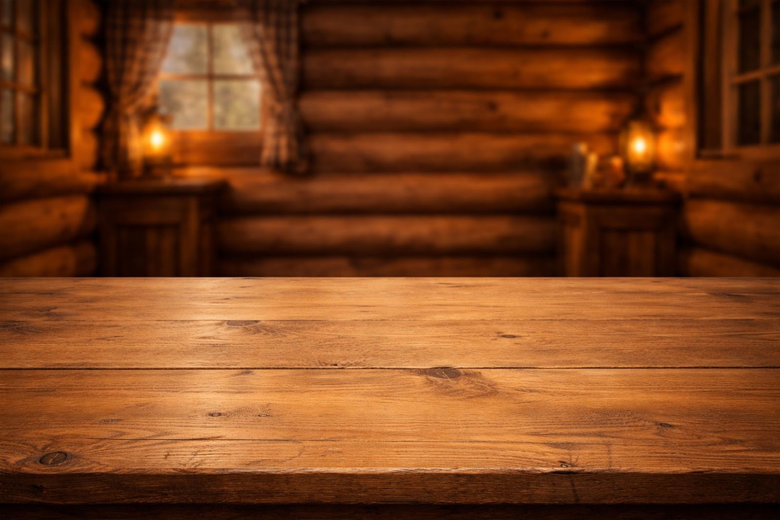 Rustic Cabin Table Mockup with Wooden Interior Background for Download