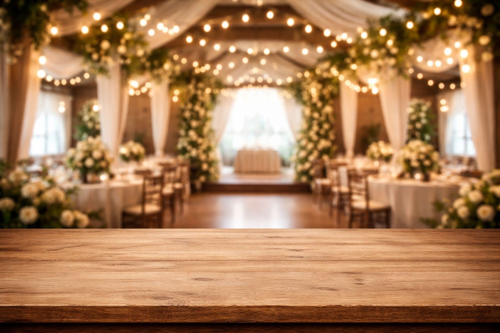 Wooden Table Mockup with Blurred Wedding Venue Background PNG – Perfect for Wedding Designs