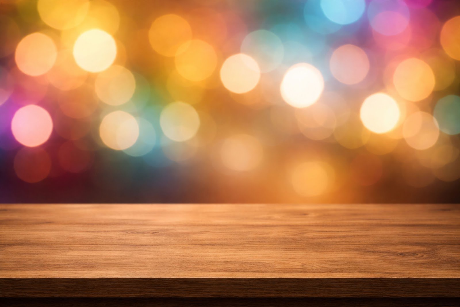 Wooden Table Mockup with Colorful Abstract Bokeh Background PNG – Perfect for Designs