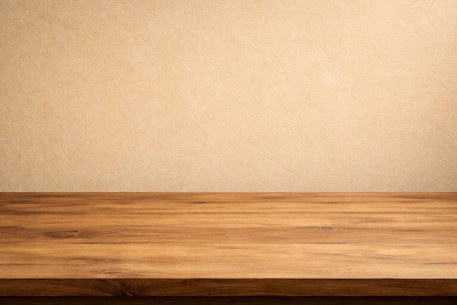 Wooden Table Mockup Background with Beige Textured Wall – High-Resolution Download