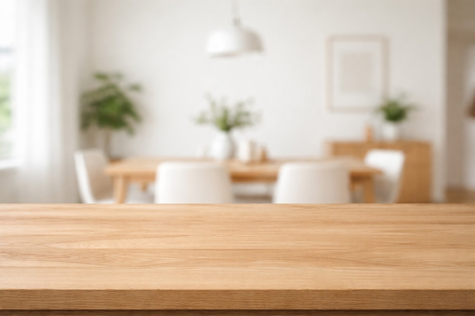 Wooden Table Mockup in Modern Minimalist Dining Room (Blurred) – Free Download