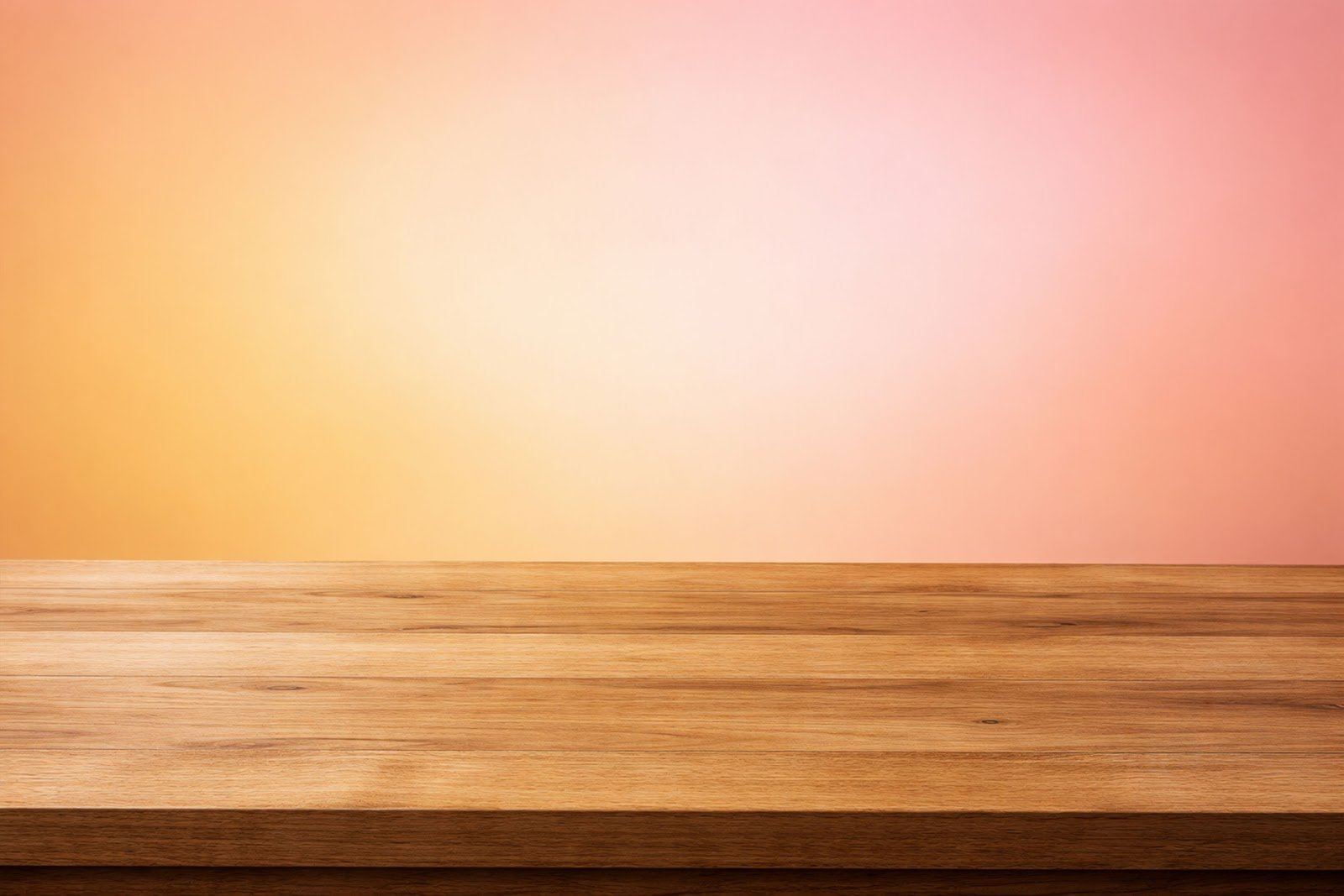 Wooden Table Mockup Background with Warm Orange to Pink Gradient – High-Resolution Download