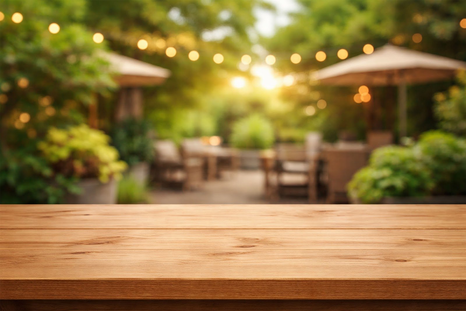 Wooden Table Mockup Background with Blurred Outdoor Patio – High-Resolution Download