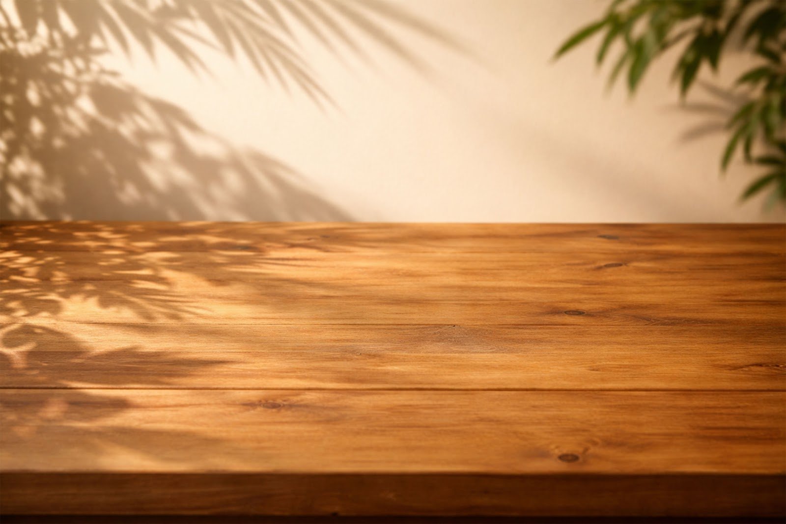 Wooden Table Mockup Background with Afternoon Sun Plant Shadows – High-Resolution Download