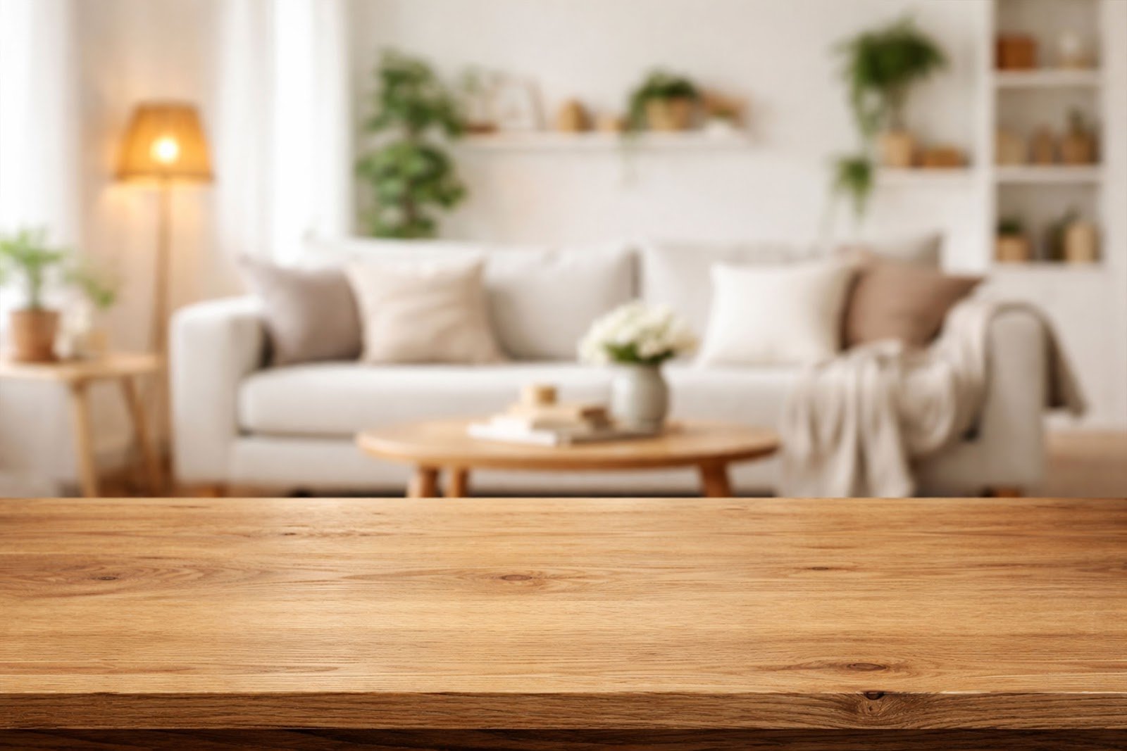 Wooden Table Mockup Background with Blurred Studio Living Room – High-Resolution Download