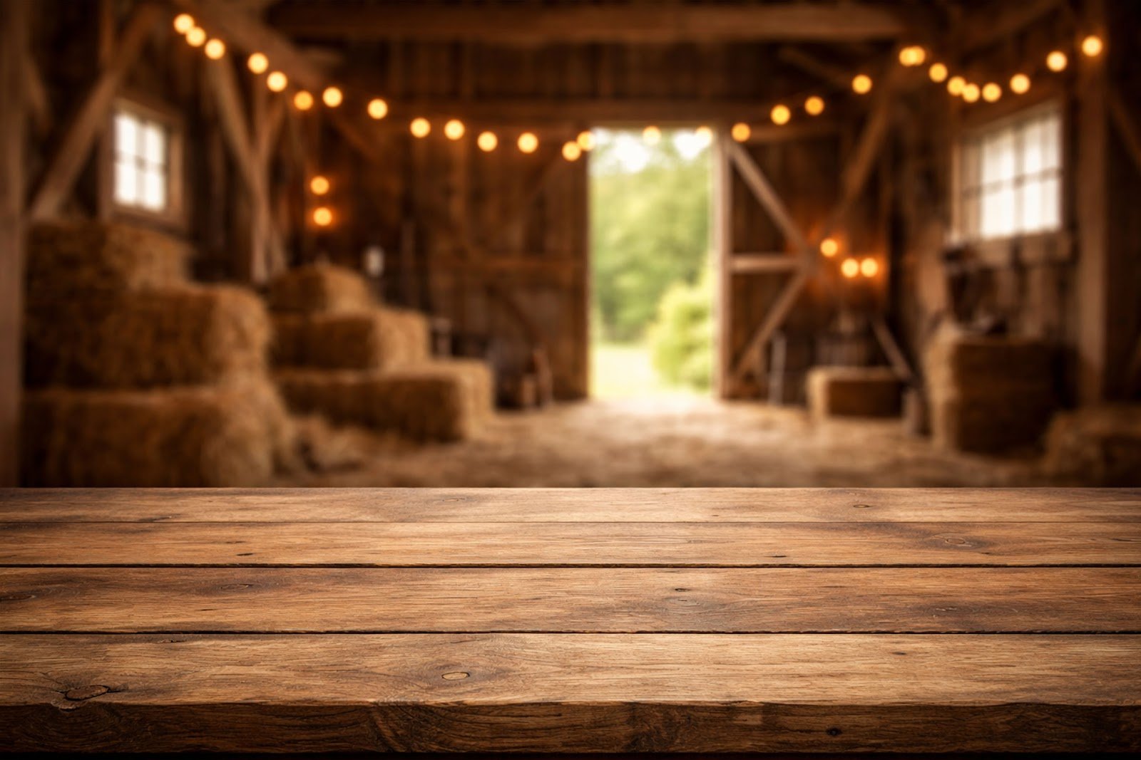 Rustic Wooden Table Mockup with Blurred Barn Interior – High-Quality Download