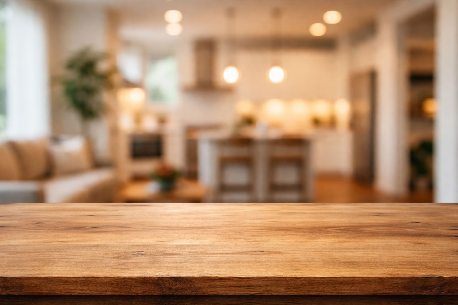 Wooden Table Mockup with Blurred Open-Concept Home Interior – HD Background Download