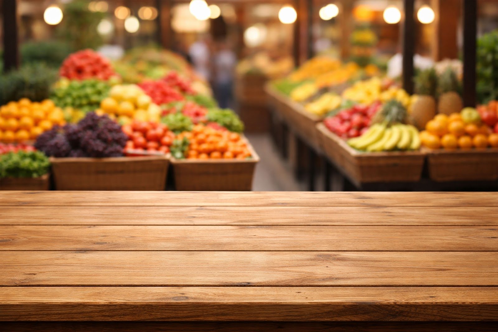 Wooden Table Mockup with Blurred Fruit Market Background – HD Download