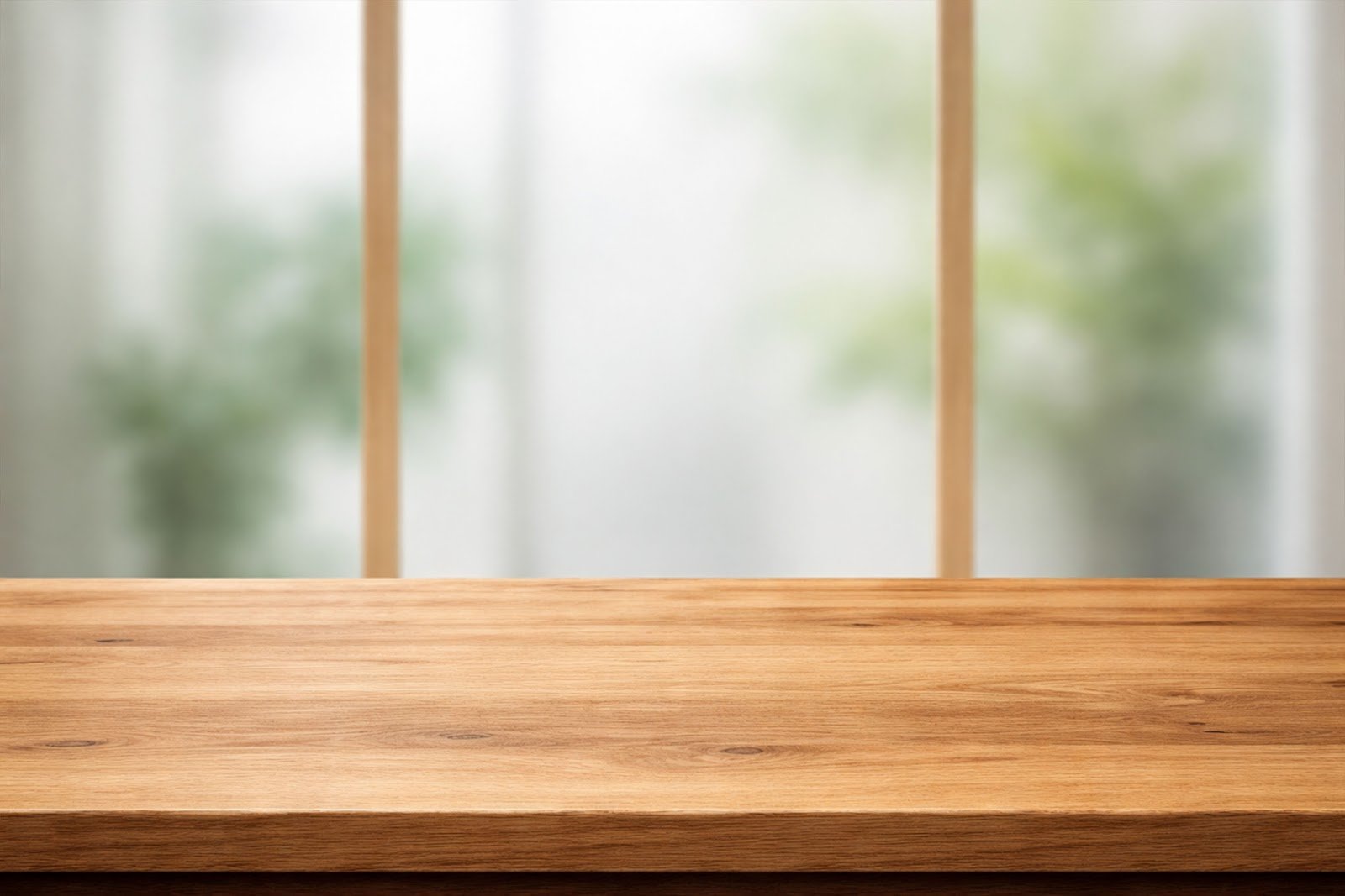 Wooden Table Mockup with Frosted Glass Panel Background – HD Download