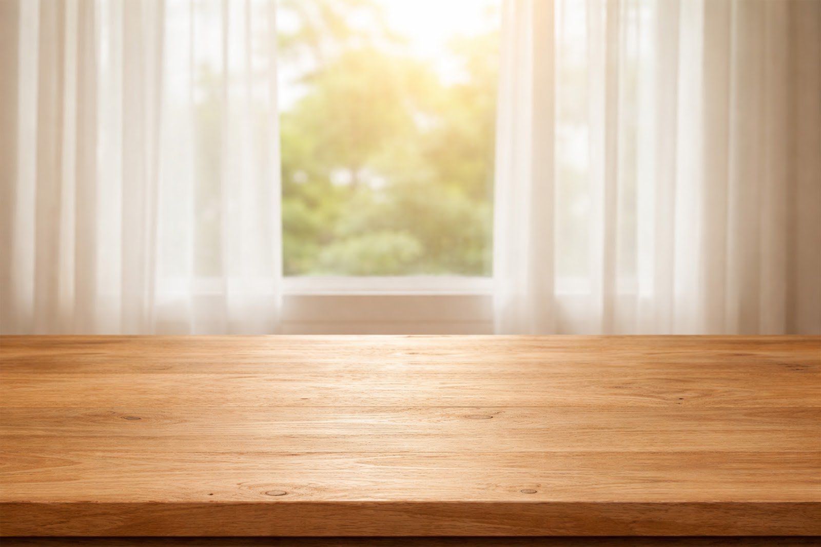 Wooden Table Mockup Background with Sunlit Window and Sheer Curtains – Free Download