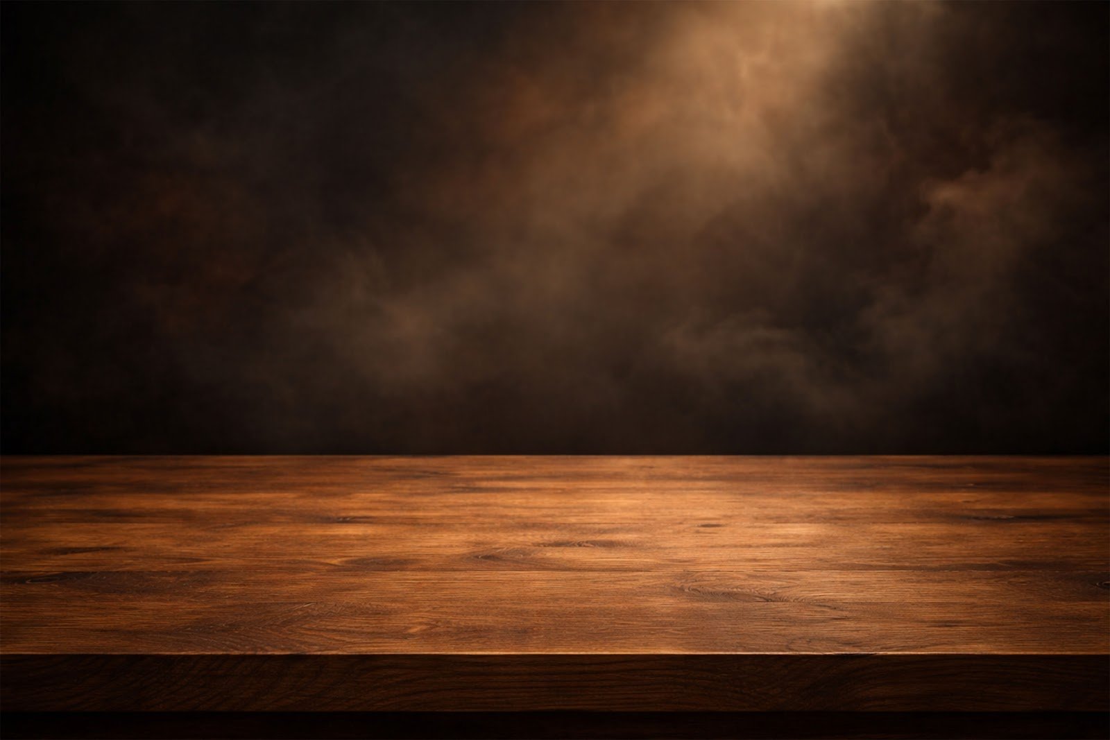 Wooden Table Mockup with Dramatic Broody Cinematic Background – High Resolution Product Display Download