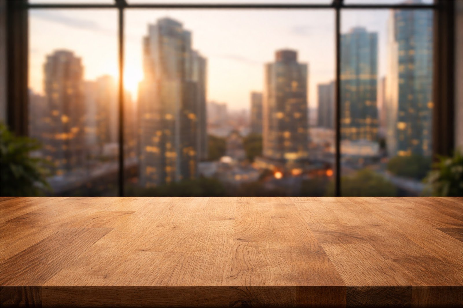 Wooden Table Mockup with Blurred Urban Skyline Window View – Realistic Product Display Background Download