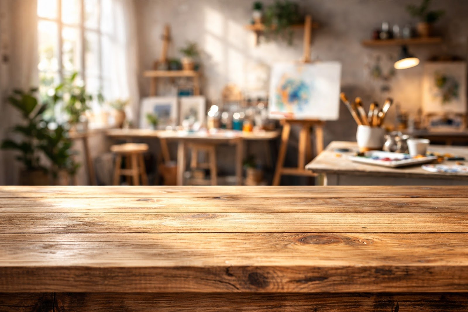 Wooden Table Mockup with Blurred Art Studio Background – Realistic Product Display Template Download