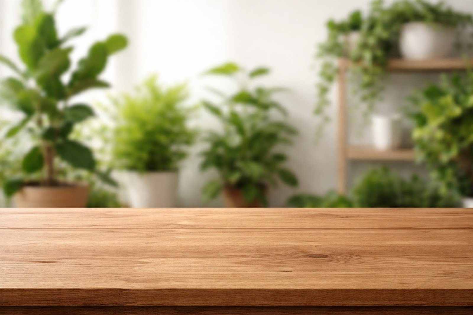 Wooden Table Mockup with Blurred Plants and Greenery – Natural Product Display Background Download
