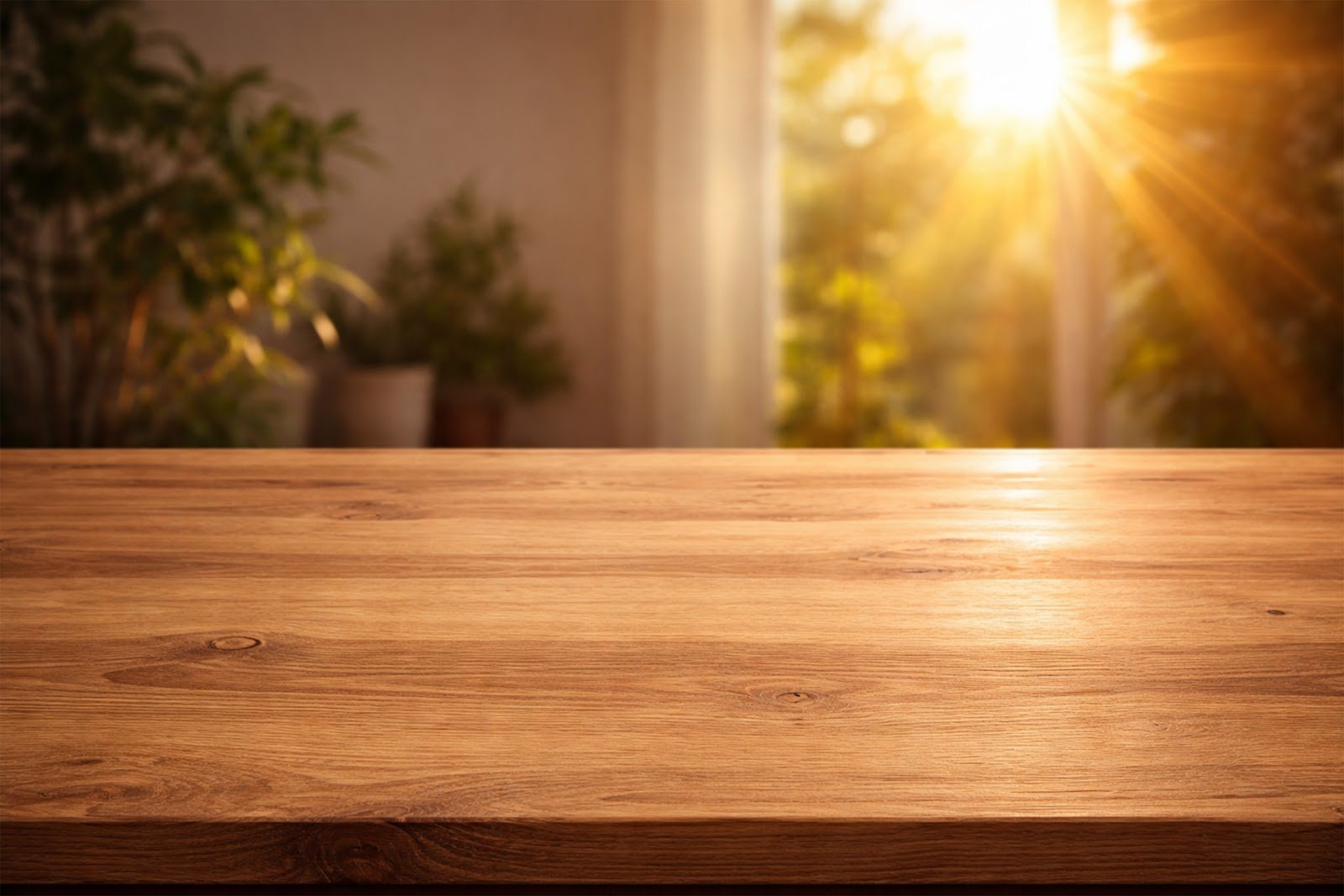 Wooden Table Mockup Background with Golden Hour Sunlight Rays – Free Download