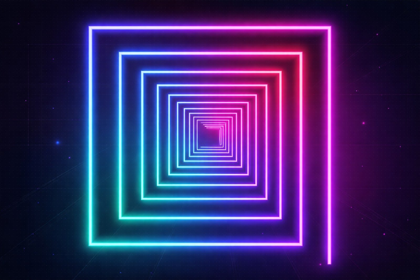 Neon Square Spiral Geometric Background – Futuristic Glowing Abstract Design Download