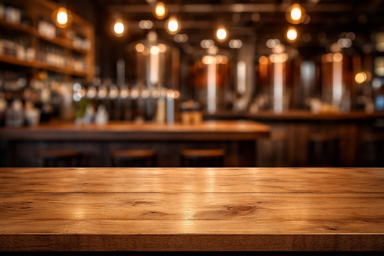 Wooden Table Mockup with Blurred Brewery Interior Background – Rustic Bar Product Display PSD Download